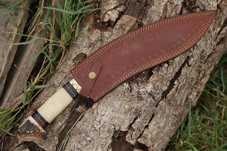 Custom Handmade Damascus Steel Blade Stag Antler Kukri Knife | Hunting Knife EDC