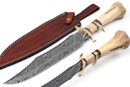 Custom Handmade Damascus Steel Bowie Hunting Knife Camel Bone Handle & Sheath