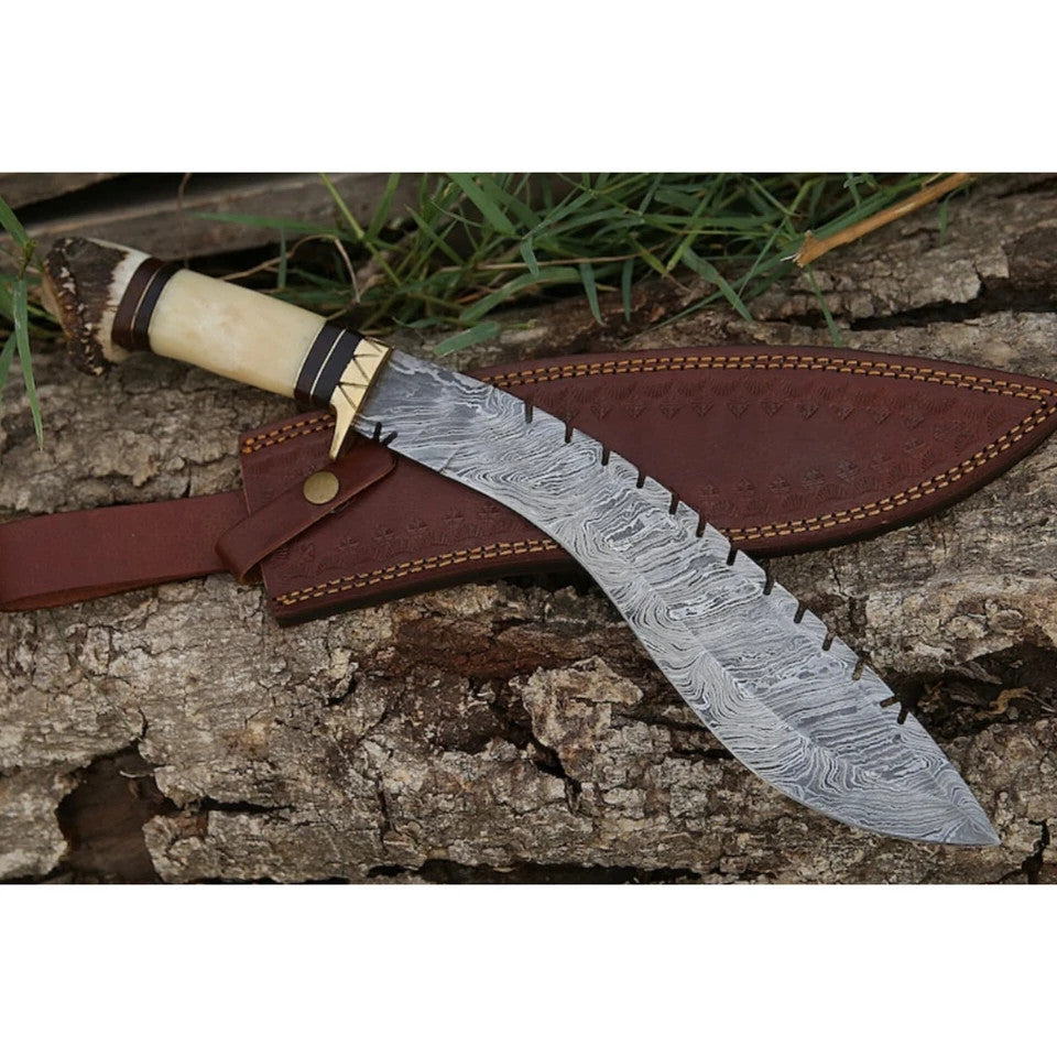 Custom Handmade Damascus Steel Blade Stag Antler Kukri Knife | Hunting Knife EDC