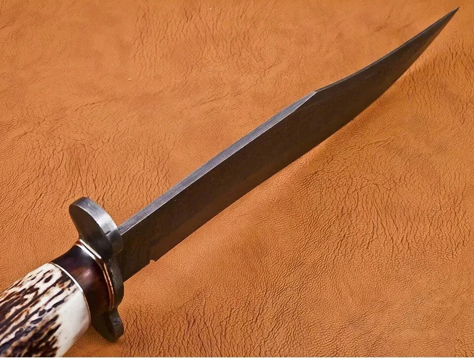 BEAUTIFUL CUSTOM HANDMADE DAMASCUS STEEL HUNTING BOWIE KNIFE HORN HANDLE