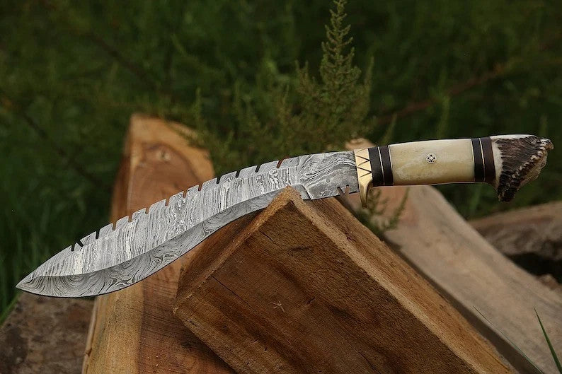 Custom Handmade Damascus Steel Blade Stag Antler Kukri Knife | Hunting Knife EDC