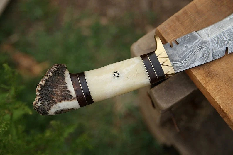 Custom Handmade Damascus Steel Blade Stag Antler Kukri Knife | Hunting Knife EDC