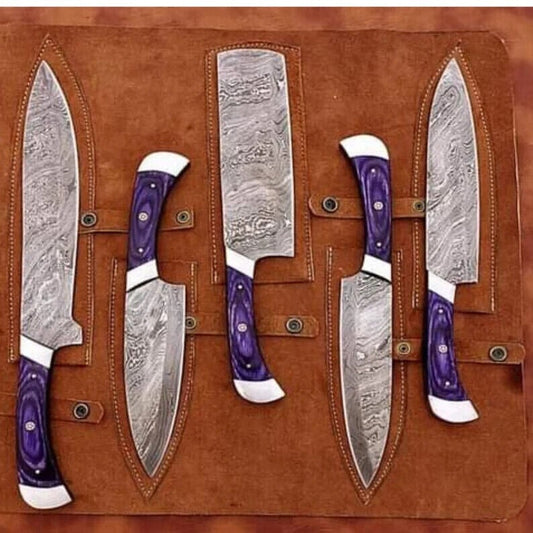 5 pc Damascus Custom Handmade BBQ/Kitchen/Chef knives block Set with PakaWood