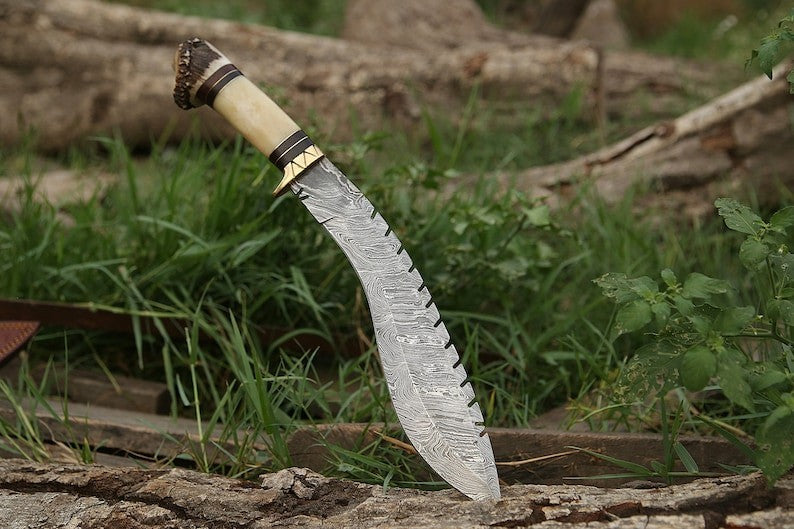 Custom Handmade Damascus Steel Blade Stag Antler Kukri Knife | Hunting Knife