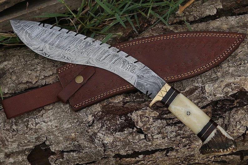 Custom Handmade Damascus Steel Blade Stag Antler Kukri Knife | Hunting Knife EDC