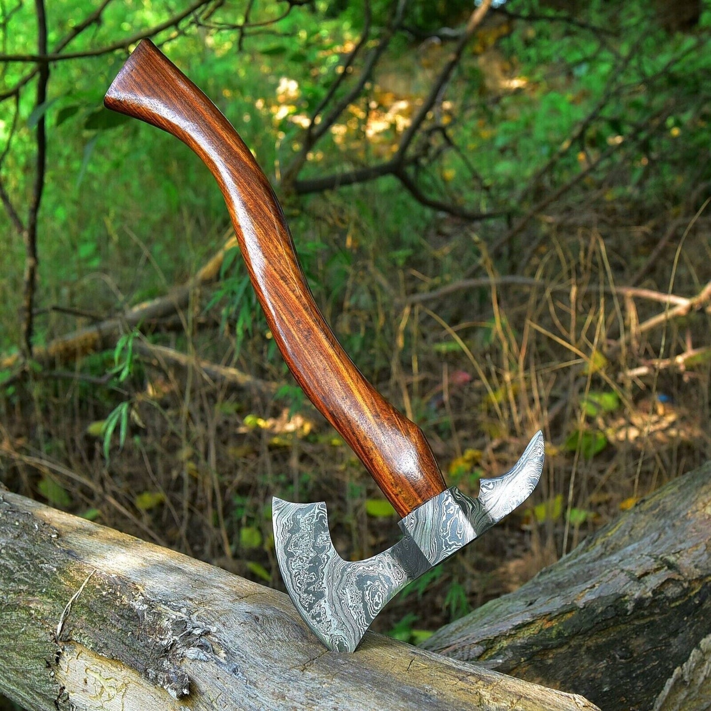 CUSTOM HAND FORGED DAMASCUS STEEL VIKING BEARDED CAMPING HATCHET TOMAHAWK AXE